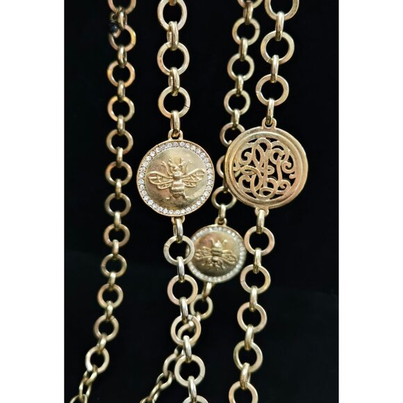 Vintage Monet Goldtone Station Necklace Bees Script Medallions 60" Necklace - Picture 2 of 5